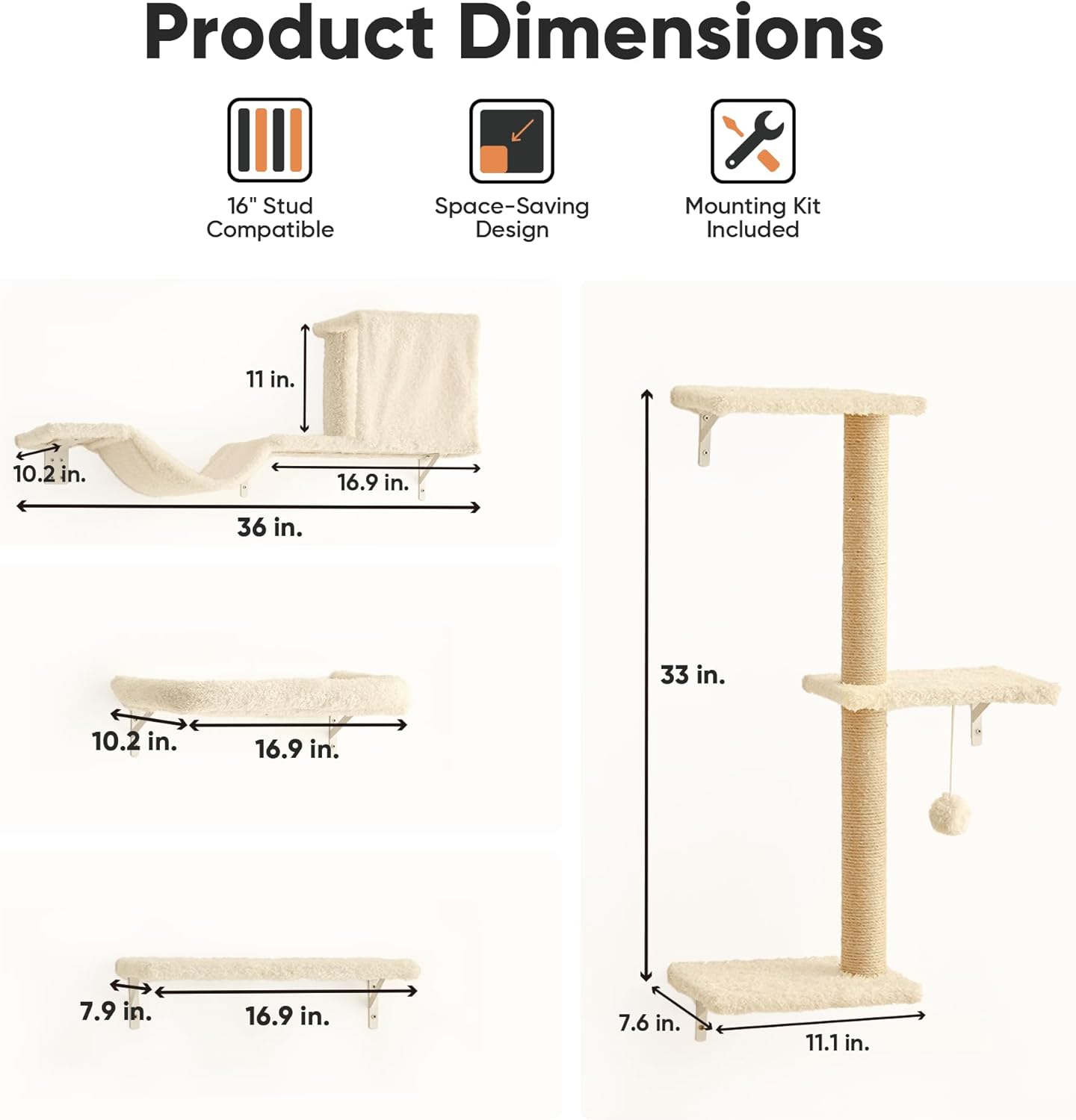 FUKUMARU Cat Wall Shelves, Stable & Safe 5 in 1 Cat Walls Furniture Set, Wooden Kitten Climbing Wall with Scratching Post for 16 Inch Drywall - Beige - Image 5