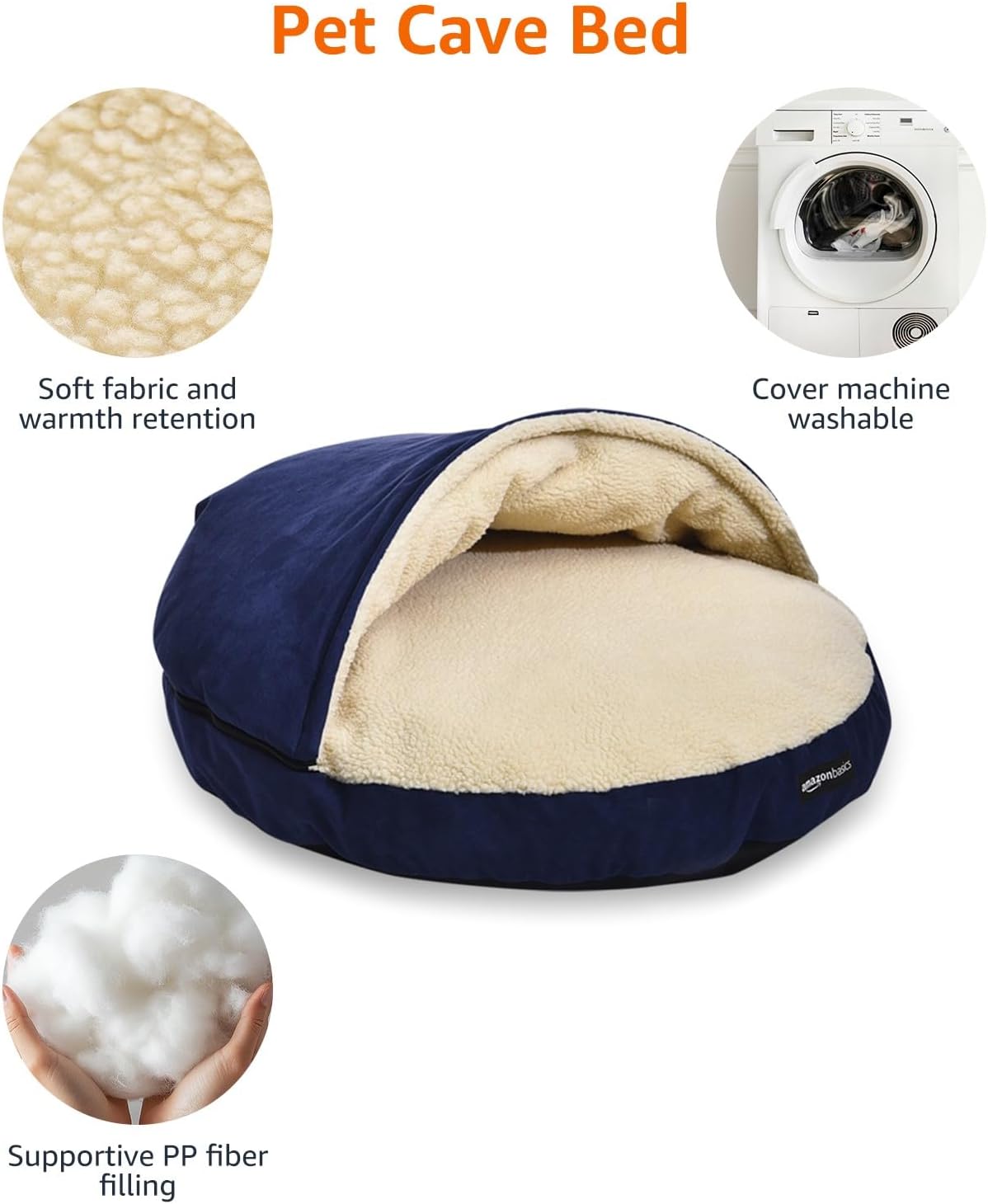 AmazonBasics Pet Cave Bed for Dogs and Cats, with Removable Nesting Cave Cover, Fits up to 30lbs Pets, 35 x 35 x 13 inches, Blue - Image 2