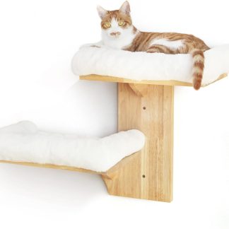 FUKUMARU Cat Wall Shelves, 2 Platform Cats Walls Furniture, Tree Shape Kitten Floating Shelf with Soft Cushion Perch, Solid Rubber Wood for 16 Inch Drywall, Suitable for Climb, Play, Nap