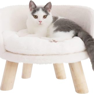 Elevated Dog Bed: Cat Bed for Indoor Cats with Cozy Pad Waterproof - Nordic Cat Stool Chair with Sturdy Wood Legs Anti Slip for Puppy Kitten