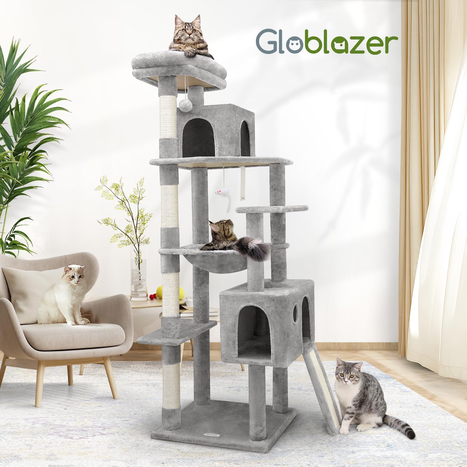 Globlazer Heavy Duty Cat Tree, 70 inch Sturdy Cat Tree for Indoor Cats Extra Large Cat Tower with Scratching Post, Hammock, Cat Condo for Adult Cats Kittens, F70 Pro, Light Grey - Image 7