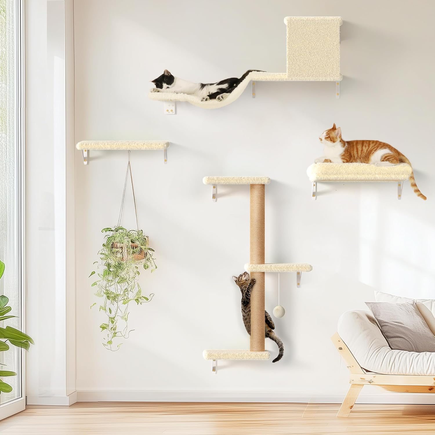FUKUMARU Cat Wall Shelves, Stable & Safe 5 in 1 Cat Walls Furniture Set, Wooden Kitten Climbing Wall with Scratching Post for 16 Inch Drywall - Beige