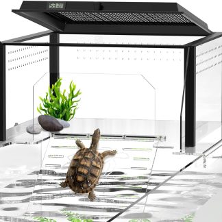 Upgraded Turtle Basking Platform for Aquatic Turtles with Temp & Humidity Gauge, Clear Acrylic Turtle Dock, Flip-Open Lid, Non-Slip Ramp & Escape-Proof, Fits 17–19" Aquariums