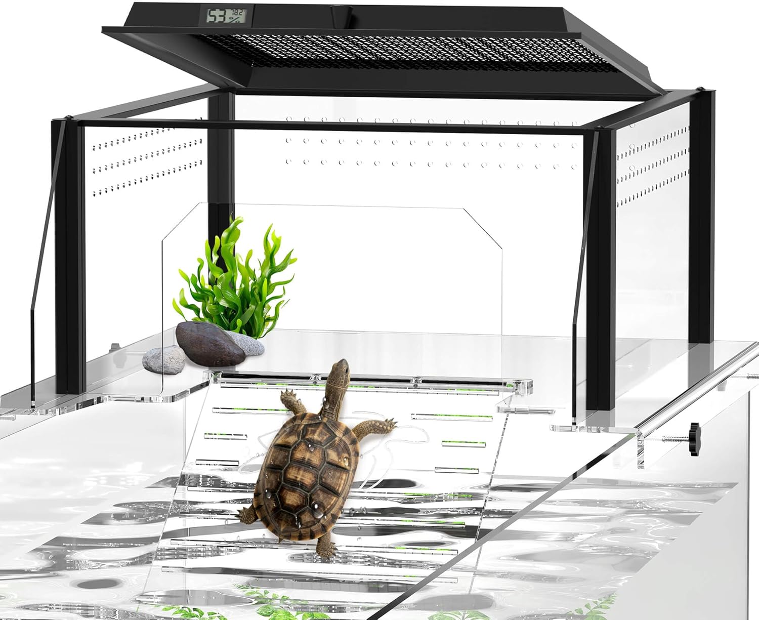 Upgraded Turtle Basking Platform for Aquatic Turtles with Temp & Humidity Gauge, Clear Acrylic Turtle Dock, Flip-Open Lid, Non-Slip Ramp & Escape-Proof, Fits 17–19" Aquariums