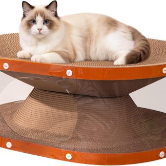 Homegroove Cat Scratcher Bed with Transparent Tunnel, 2-in-1 Cat Bed & Cardboard Scratcher for Indoor Cats, Multi-Level Cat Furniture with Curved Lounger and Play Tunnel (Wood, Regular)