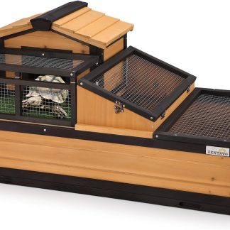 3-Room Large Tortoise Habitat with Pull-Out Tray, Wooden Tortoise Enclosure Indoor & Outdoor with Ramp, Grass Mat, Openable Roof, Luxurious Reptile Enclosure for Small Animals, Yellow