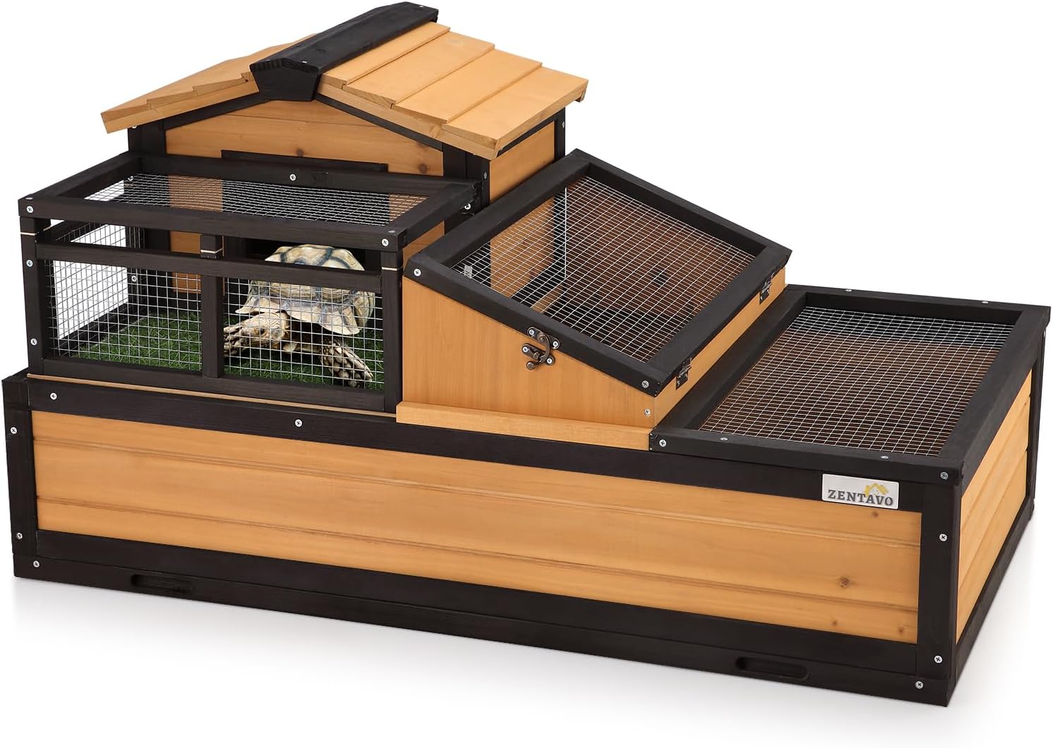 3-Room Large Tortoise Habitat with Pull-Out Tray, Wooden Tortoise Enclosure Indoor & Outdoor with Ramp, Grass Mat, Openable Roof, Luxurious Reptile Enclosure for Small Animals, Yellow
