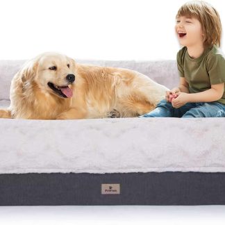 Memory Foam Dog Bed, Extra Large Orthopedic Dog Sofa with Sides and Waterproof Liner, Washable Bolster Pet Bed Couch with Removable Cover, Jumbo Plus | 60 inch, Off-White