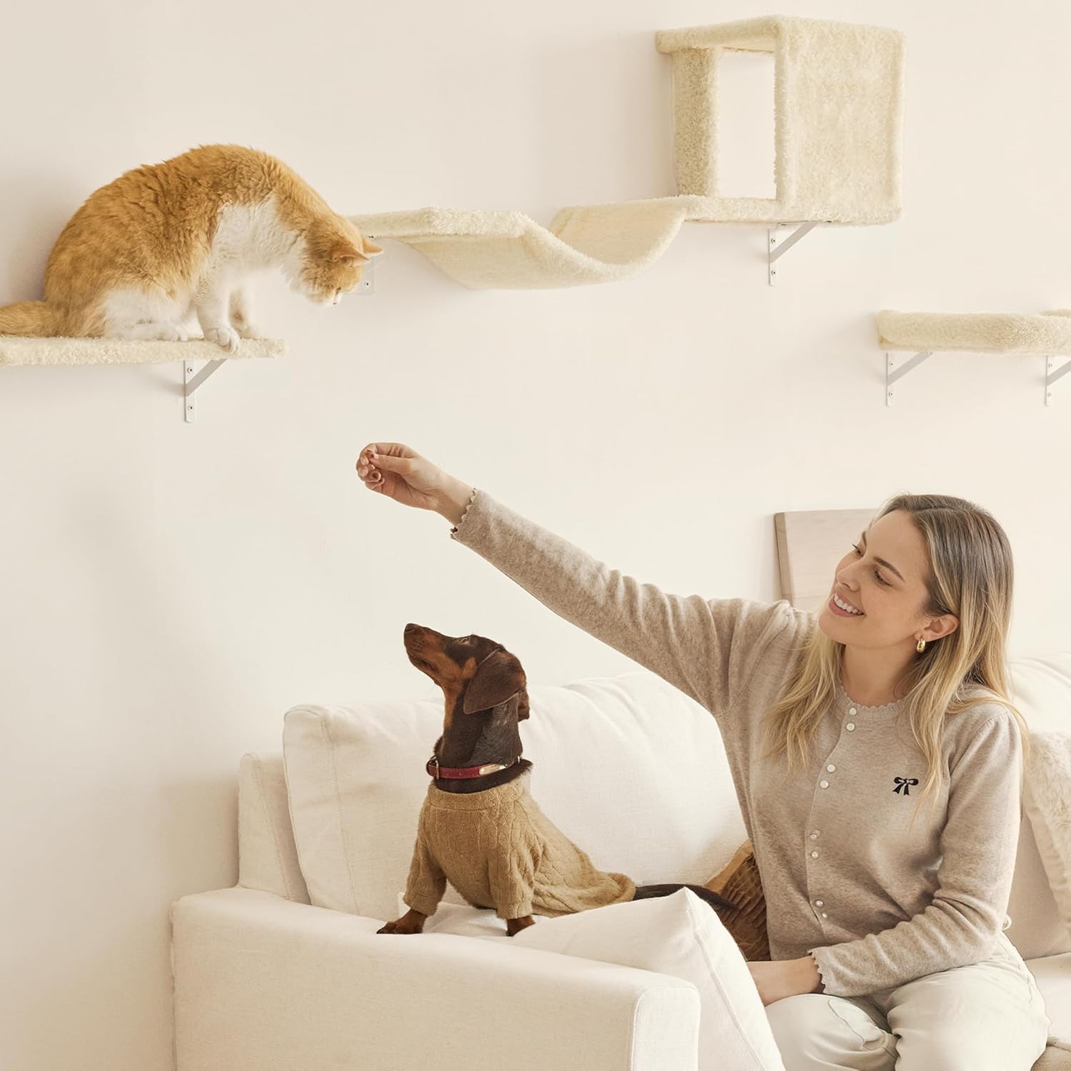 FUKUMARU Cat Wall Shelves, Stable & Safe 5 in 1 Cat Walls Furniture Set, Wooden Kitten Climbing Wall with Scratching Post for 16 Inch Drywall - Beige - Image 4