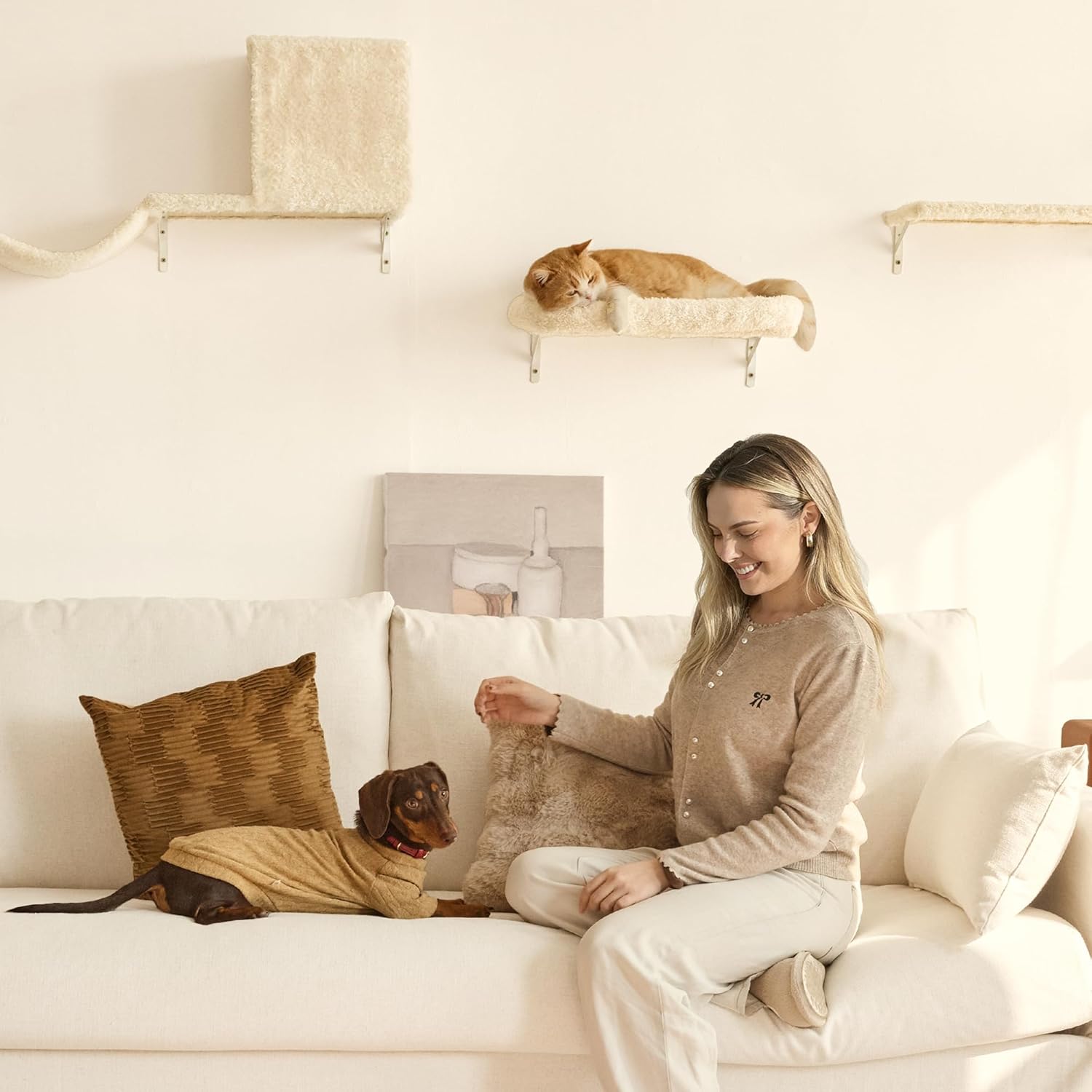 FUKUMARU Cat Wall Shelves, Stable & Safe 5 in 1 Cat Walls Furniture Set, Wooden Kitten Climbing Wall with Scratching Post for 16 Inch Drywall - Beige - Image 9