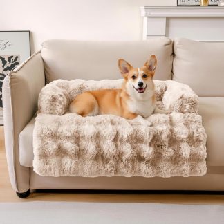 Dog Bed for Couch, Calming Dog Couch Bed for Small Medium Dogs, Fluffy Faux Fur Fuzzy Washable Pet Sofa Covers Protector Mat Pad for Pets Cats Puppy
