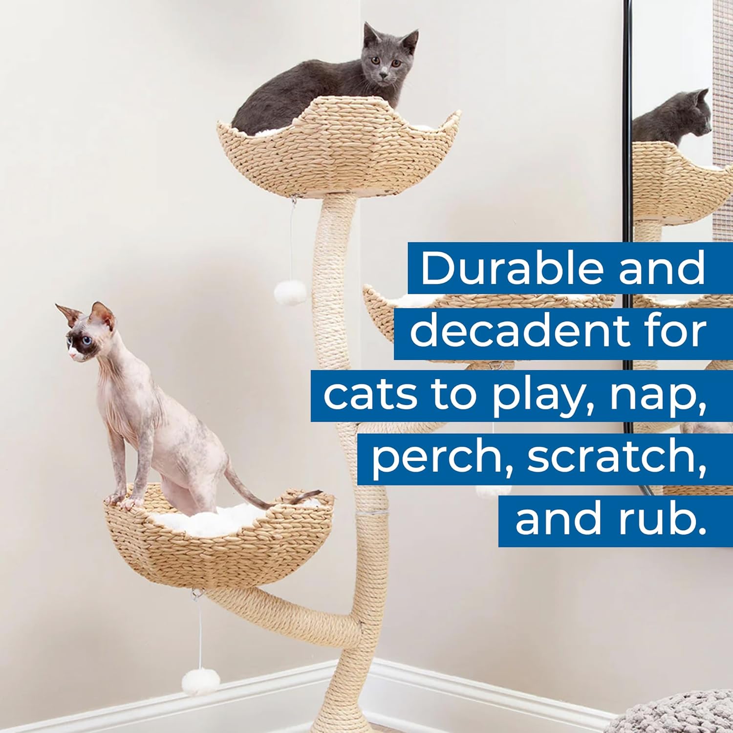 Habitat Haven The Sanctuary Cat Tree - Luxury Cat Condo, Large Modern Indoor Tower with 3 Faux Fur Beds, Scratching Posts, and Toys for Cats, 23-Inch Width x 23-Inch Depth x 52-Inch Height - Image 6