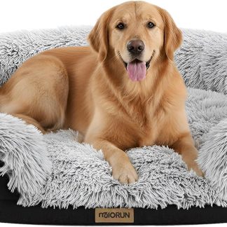 Fluffy Orthopedic Dog Bed for Large & Extra Large Dogs, Calming Plush Sofa Bed with Curved Bolster Support and Egg-Crate Foam Base, 43" Cozy Oval Pet Donut Bed with Washable Cover, Gray