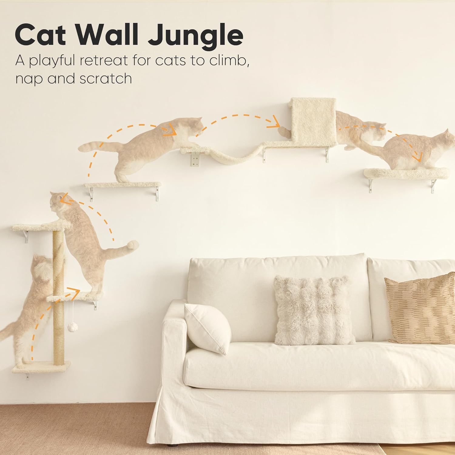 FUKUMARU Cat Wall Shelves, Stable & Safe 5 in 1 Cat Walls Furniture Set, Wooden Kitten Climbing Wall with Scratching Post for 16 Inch Drywall - Beige - Image 2