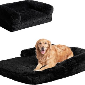 EHEYCIGA Foldable XXL Dog Bed for Large Sized Dog, 54"x38"x7.5" Faux Fur Fluffy Pet Couch Bed, Orthopedic Calming Memory Foam Big Pet Bed, Washable Pet Sofa Bed with Non-Slip Bottom, Black