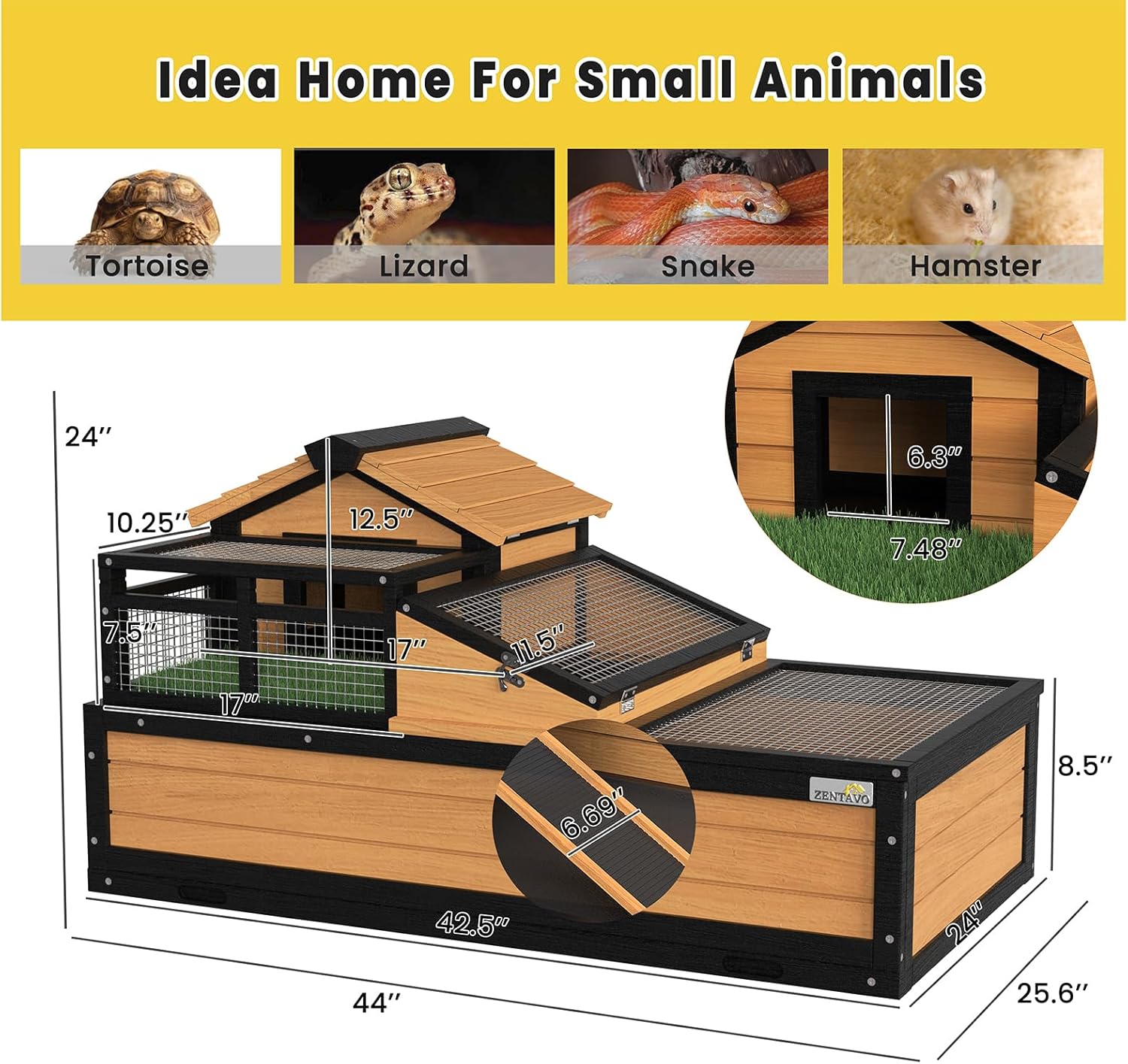3-Room Large Tortoise Habitat with Pull-Out Tray, Wooden Tortoise Enclosure Indoor & Outdoor with Ramp, Grass Mat, Openable Roof, Luxurious Reptile Enclosure for Small Animals, Yellow - Image 7