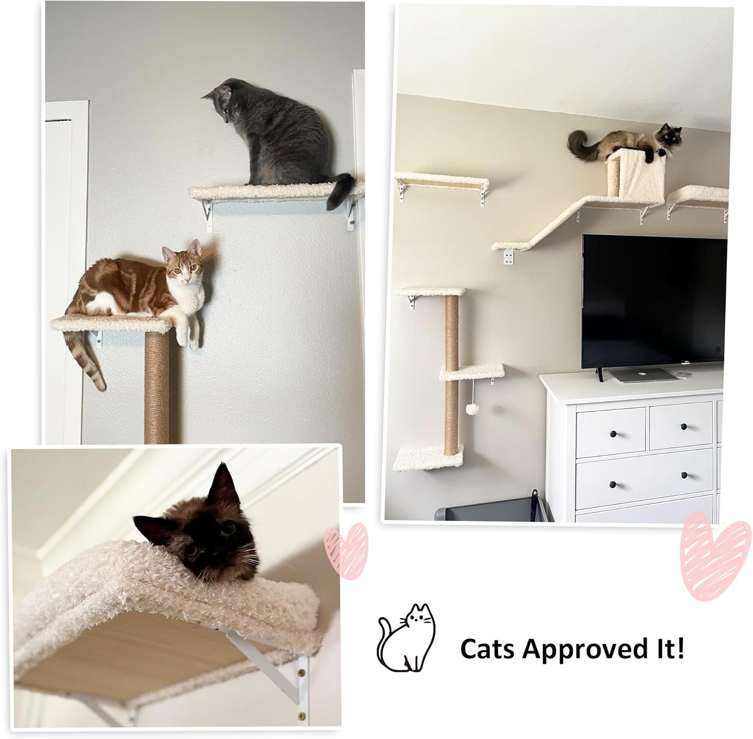 FUKUMARU Cat Wall Shelves, Stable & Safe 5 in 1 Cat Walls Furniture Set, Wooden Kitten Climbing Wall with Scratching Post for 16 Inch Drywall - Beige - Image 8