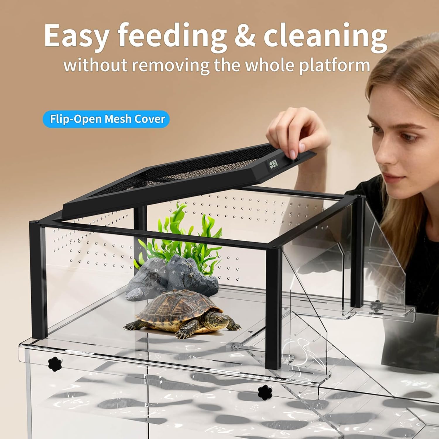 Upgraded Turtle Basking Platform for Aquatic Turtles with Temp & Humidity Gauge, Clear Acrylic Turtle Dock, Flip-Open Lid, Non-Slip Ramp & Escape-Proof, Fits 17–19" Aquariums - Image 3