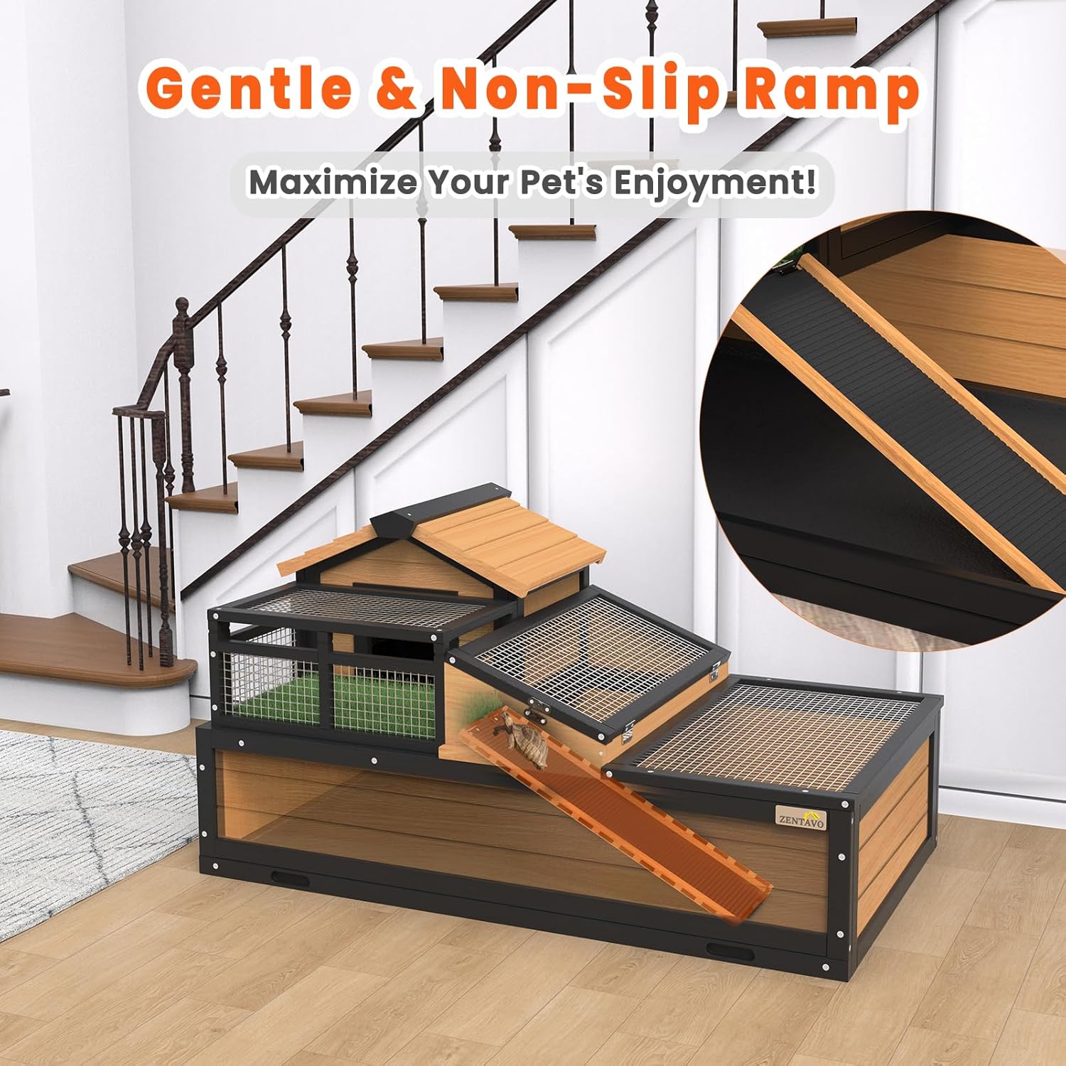 3-Room Large Tortoise Habitat with Pull-Out Tray, Wooden Tortoise Enclosure Indoor & Outdoor with Ramp, Grass Mat, Openable Roof, Luxurious Reptile Enclosure for Small Animals, Yellow - Image 3