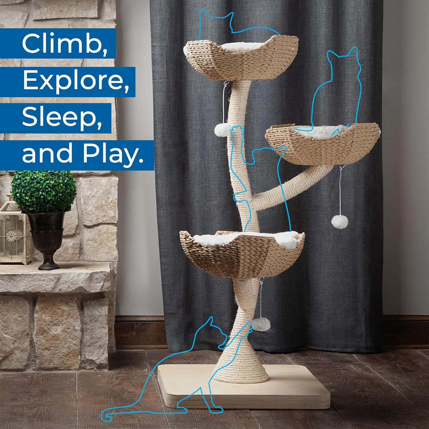 Habitat Haven The Sanctuary Cat Tree - Luxury Cat Condo, Large Modern Indoor Tower with 3 Faux Fur Beds, Scratching Posts, and Toys for Cats, 23-Inch Width x 23-Inch Depth x 52-Inch Height - Image 8