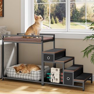 kepptory Pet Bunk Bed with Stairs and Storage, Dog Beds Attachment to Human Bed, Bedside Dogs Cot for Small, Medium Cats & Dogs, Pet Window Perch (Brown)