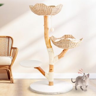 LEO & LEXI Aesthetic, Real Wood Modern Cat Tree. 46 inches Tall, Sturdy, Solid Natural Wood Tower for Large Cats. Scratching Post with Wicker Basket Bed, Luxury, Boho Furniture for Indoor Cats