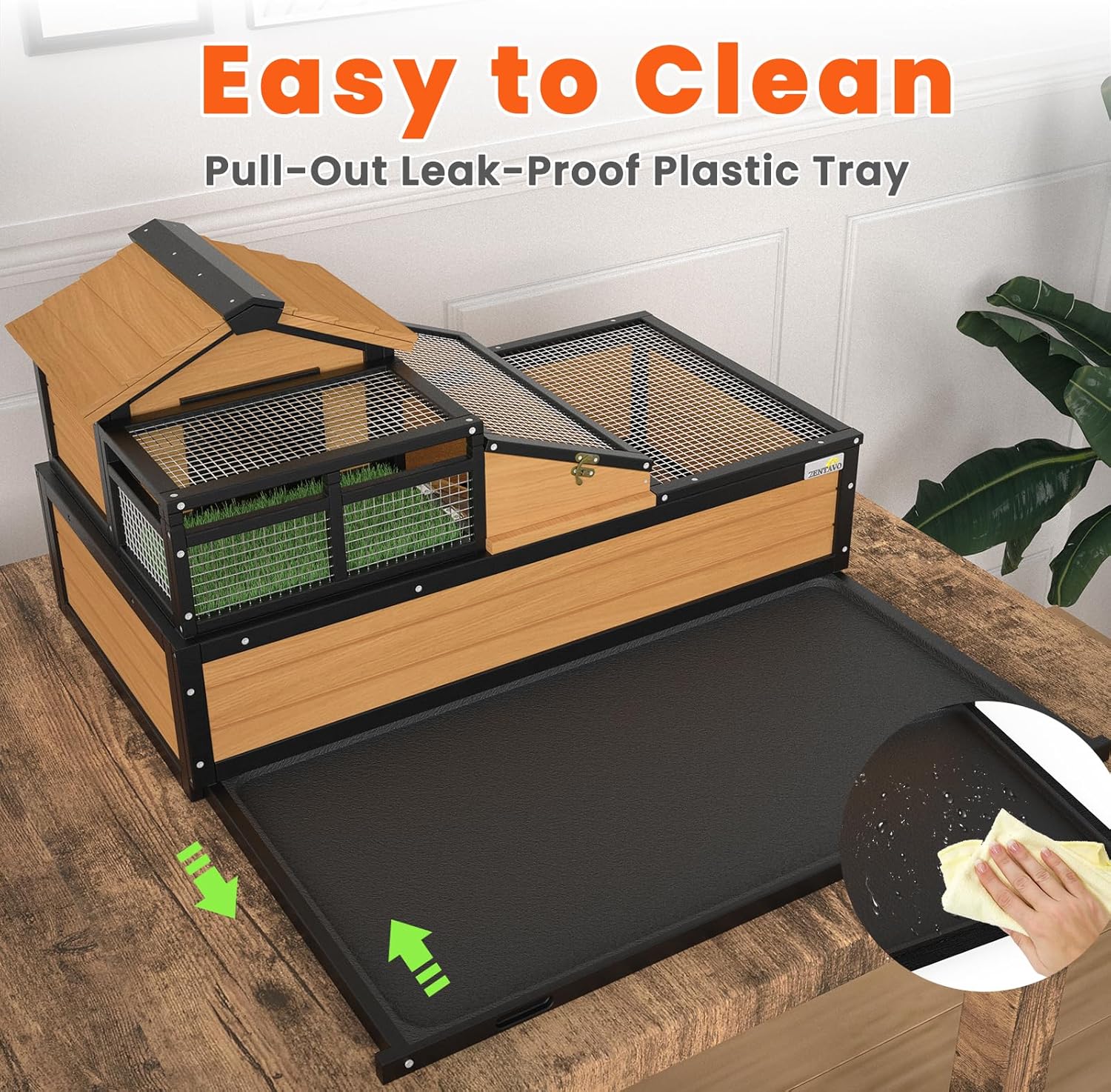 3-Room Large Tortoise Habitat with Pull-Out Tray, Wooden Tortoise Enclosure Indoor & Outdoor with Ramp, Grass Mat, Openable Roof, Luxurious Reptile Enclosure for Small Animals, Yellow - Image 2