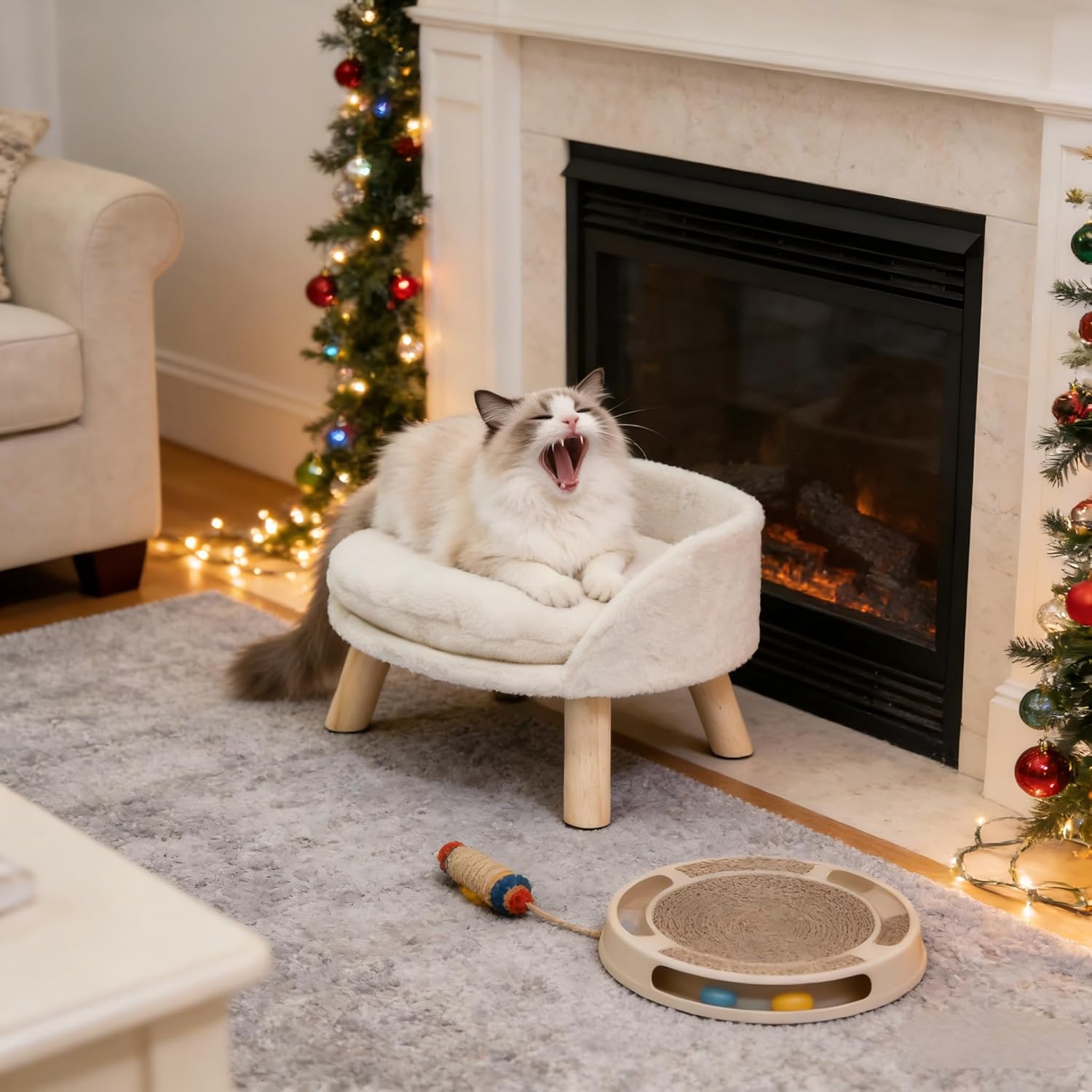 Elevated Dog Bed: Cat Bed for Indoor Cats with Cozy Pad Waterproof - Nordic Cat Stool Chair with Sturdy Wood Legs Anti Slip for Puppy Kitten - Image 2