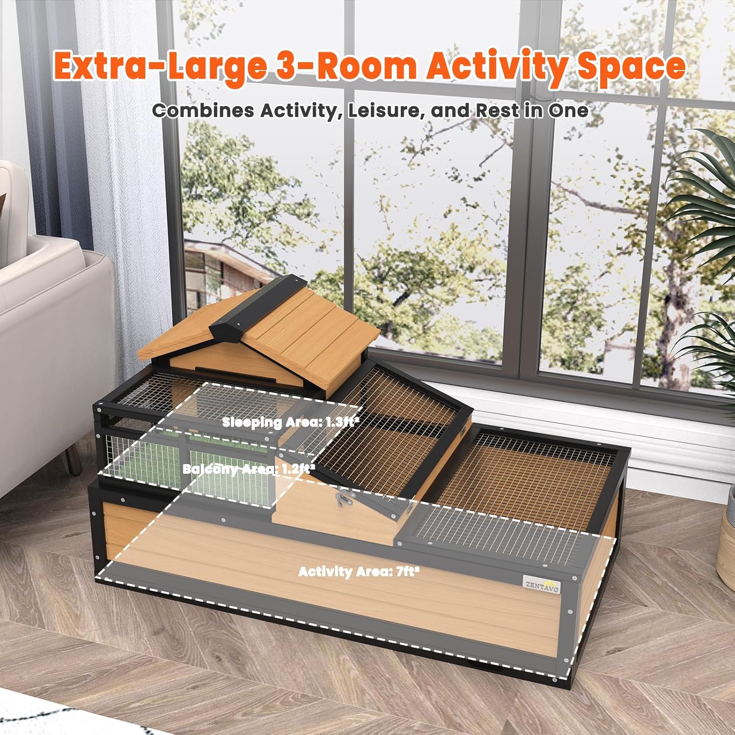 3-Room Large Tortoise Habitat with Pull-Out Tray, Wooden Tortoise Enclosure Indoor & Outdoor with Ramp, Grass Mat, Openable Roof, Luxurious Reptile Enclosure for Small Animals, Yellow - Image 5