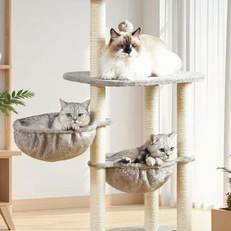 Small Cat Tree Tower with Lots of Scratching Posts - 42 Inch Medium Compact Cats Scratch House with Hammock Perch for Multi Level 2 Kitty - Indoor Corner Cat Bed Condo Climbing Gym Towers Furniture