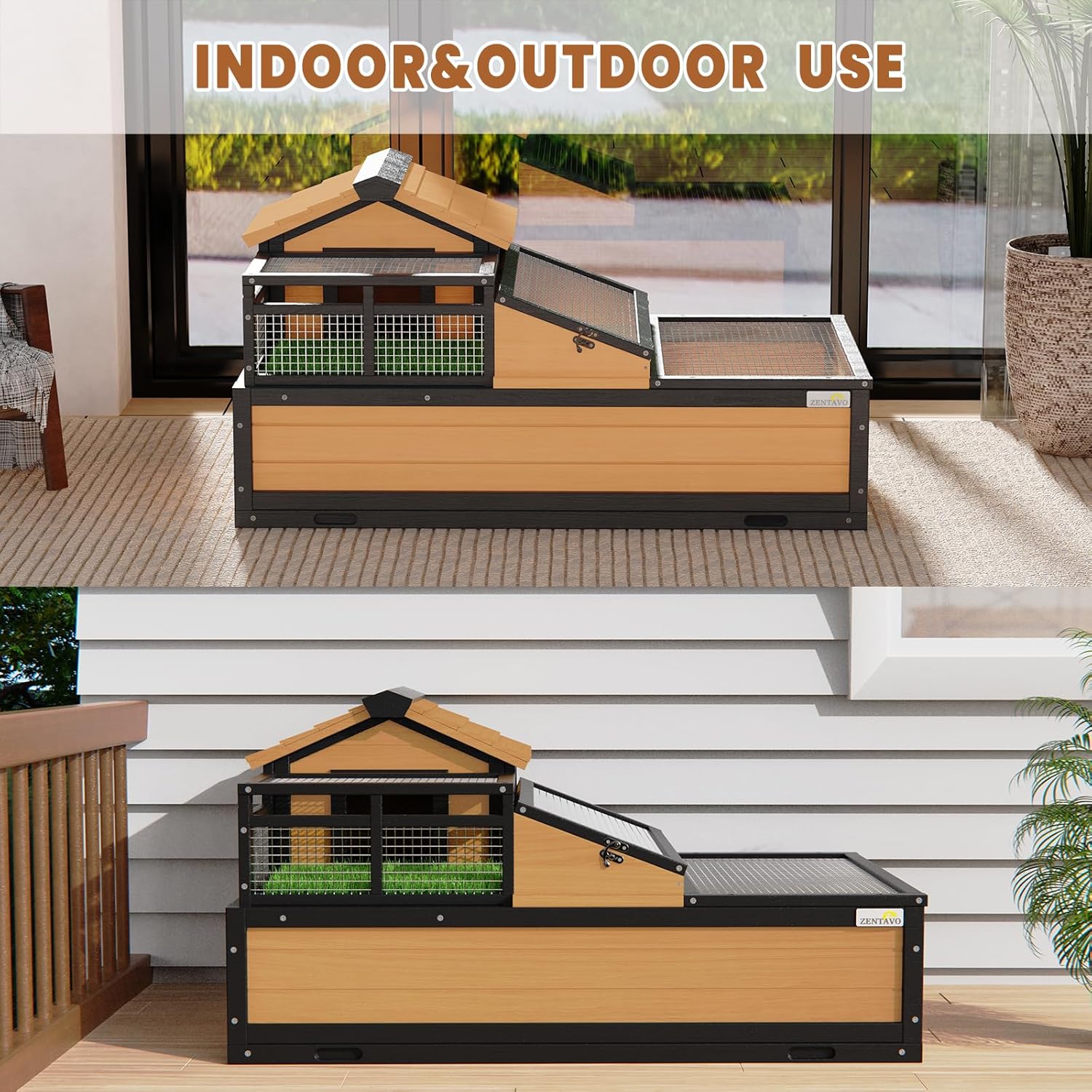 3-Room Large Tortoise Habitat with Pull-Out Tray, Wooden Tortoise Enclosure Indoor & Outdoor with Ramp, Grass Mat, Openable Roof, Luxurious Reptile Enclosure for Small Animals, Yellow - Image 8