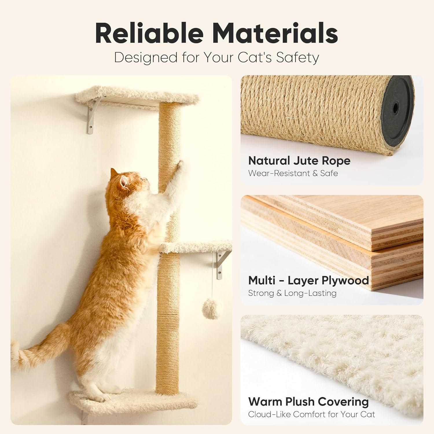 FUKUMARU Cat Wall Shelves, Stable & Safe 5 in 1 Cat Walls Furniture Set, Wooden Kitten Climbing Wall with Scratching Post for 16 Inch Drywall - Beige - Image 3