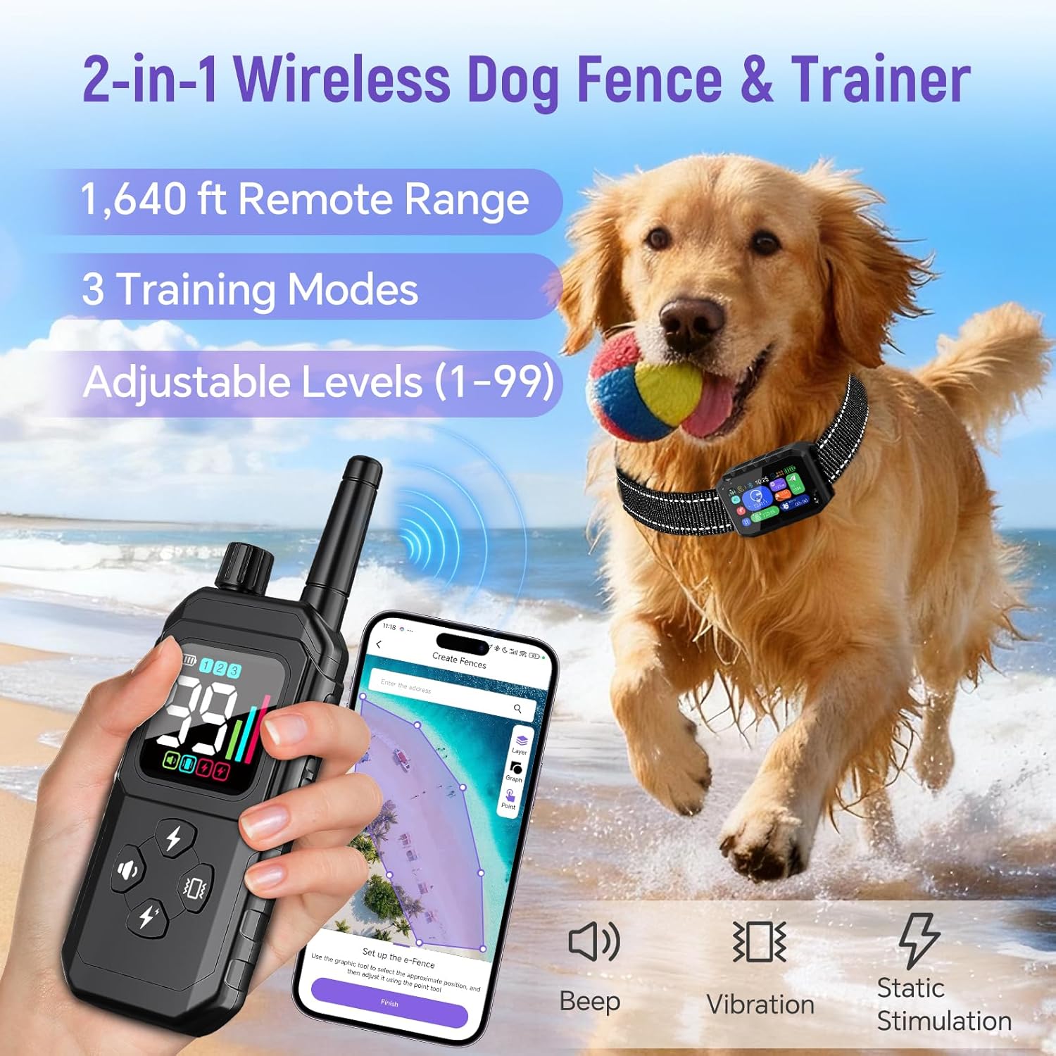 GPS Wireless Dog Fence – Free App Control, Custom GPS Boundary, Beep/Vibration/Static Modes, IP67 Waterproof, Long Battery Life, for Dogs 10–120 lbs, Remote Training Kit - Image 4