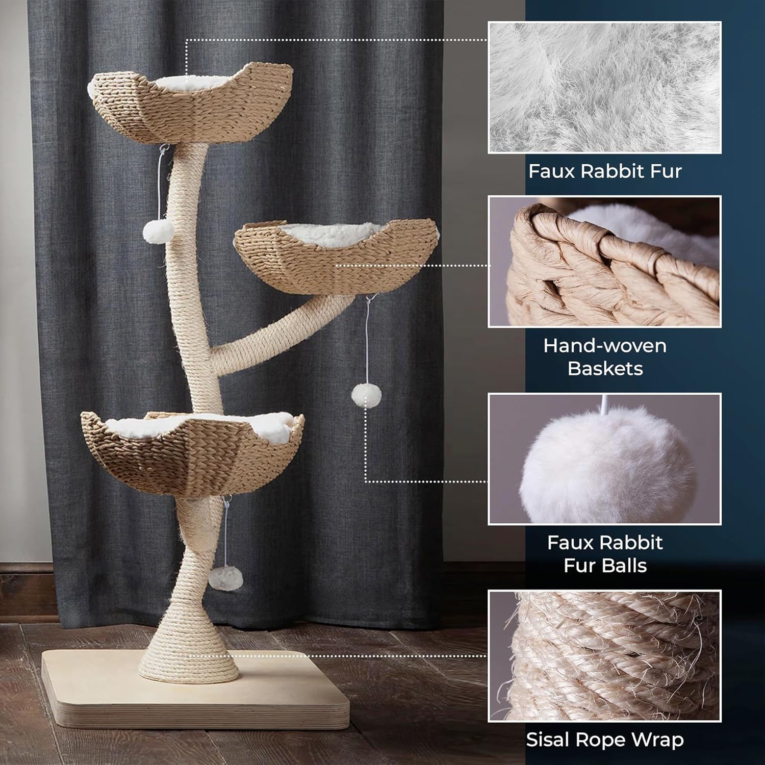 Habitat Haven The Sanctuary Cat Tree - Luxury Cat Condo, Large Modern Indoor Tower with 3 Faux Fur Beds, Scratching Posts, and Toys for Cats, 23-Inch Width x 23-Inch Depth x 52-Inch Height - Image 4