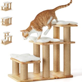 FUKUMARU Dog Stairs, Solid Wood Pet Stairs with Cat Scratching Post, Transformable Cat Ramp Can Hold Up to 200 lbs, 20 Inch Pet Steps for Dogs and Cats to Climb High Bed and Couch, Over 6 Combinations