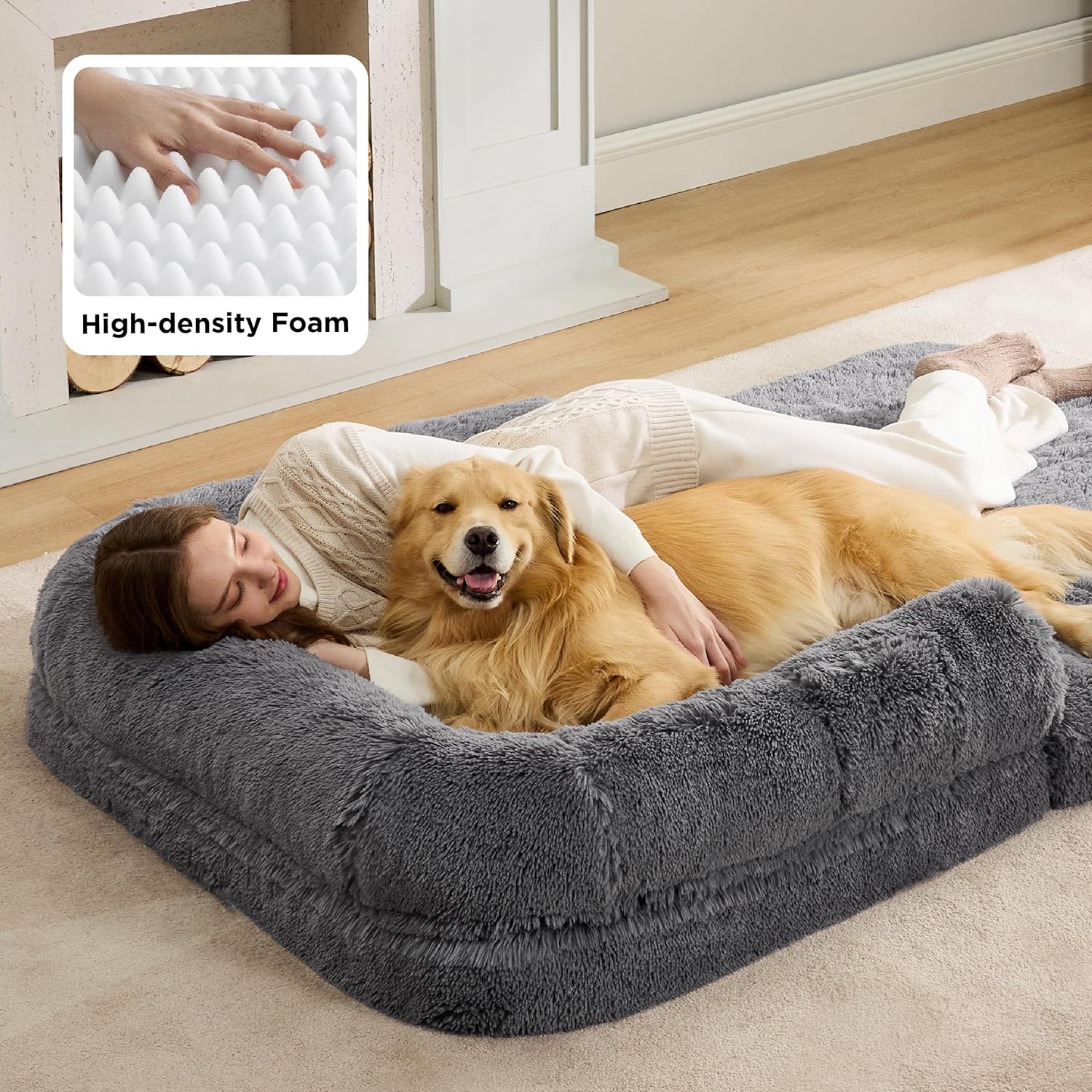 Bedsure Foldable Human Dog Bed - 2 in 1 Flexible Giant Human Dog Bed for Adult People with Supportive Bolster Egg Foam, Waterproof Liner, Calming Fluffy Faux Fur Orthopedic Big Bean Bed, Dark Grey - Image 3
