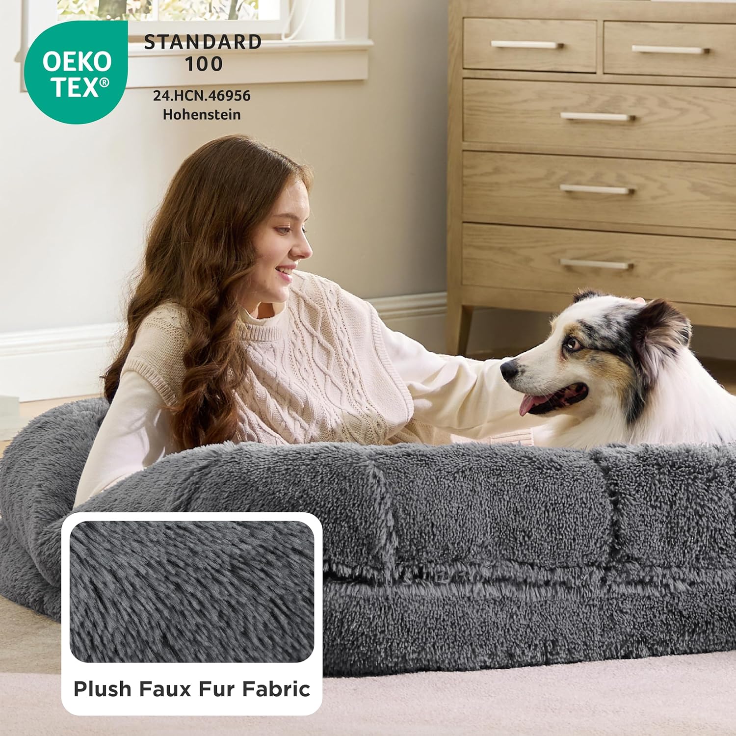 Bedsure Foldable Human Dog Bed - 2 in 1 Flexible Giant Human Dog Bed for Adult People with Supportive Bolster Egg Foam, Waterproof Liner, Calming Fluffy Faux Fur Orthopedic Big Bean Bed, Dark Grey - Image 7