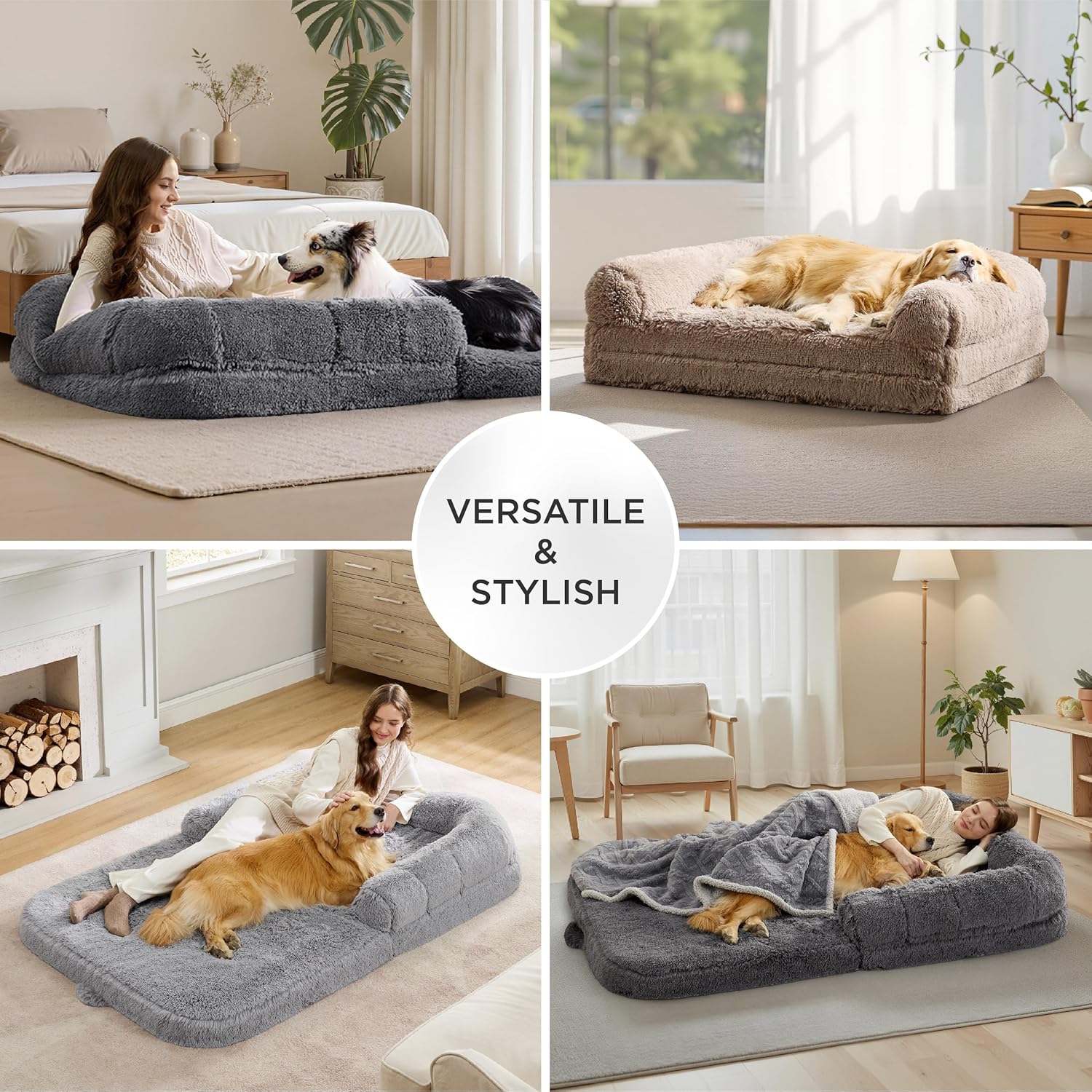 Bedsure Foldable Human Dog Bed - 2 in 1 Flexible Giant Human Dog Bed for Adult People with Supportive Bolster Egg Foam, Waterproof Liner, Calming Fluffy Faux Fur Orthopedic Big Bean Bed, Dark Grey - Image 2