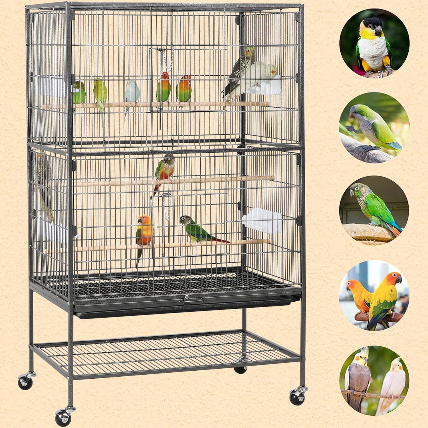 Yaheetech 52'' Bird cage w/Perches & Feeders, Large Birdcage with Pull-Out Tray, Rolling Wheels, Extra Storage, Flight Cage for Cockatiel, Parrot, Parakeet, Conure, Budgie, Pigeon Small/Medium Birds - Image 9