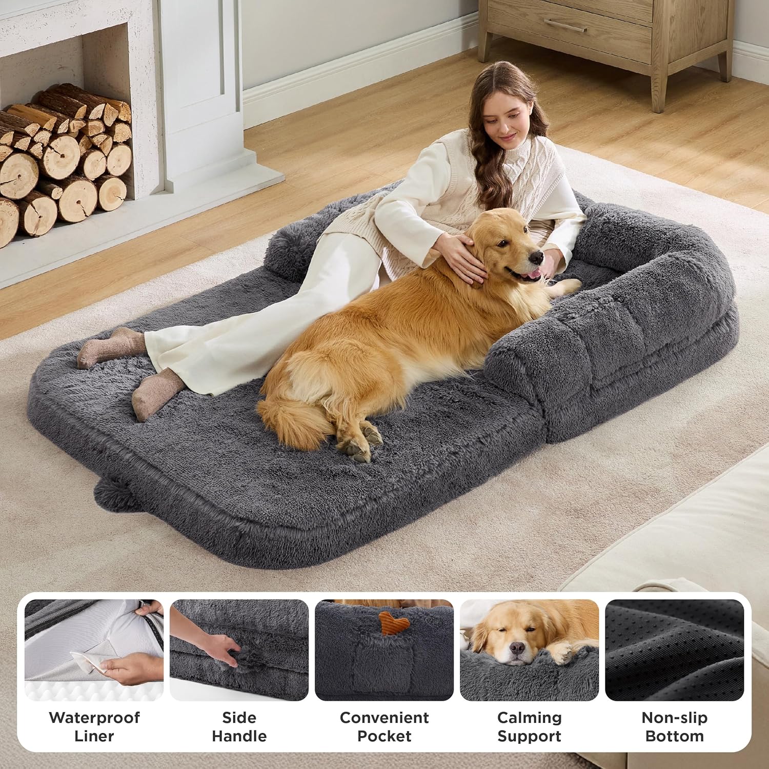 Bedsure Foldable Human Dog Bed - 2 in 1 Flexible Giant Human Dog Bed for Adult People with Supportive Bolster Egg Foam, Waterproof Liner, Calming Fluffy Faux Fur Orthopedic Big Bean Bed, Dark Grey - Image 6