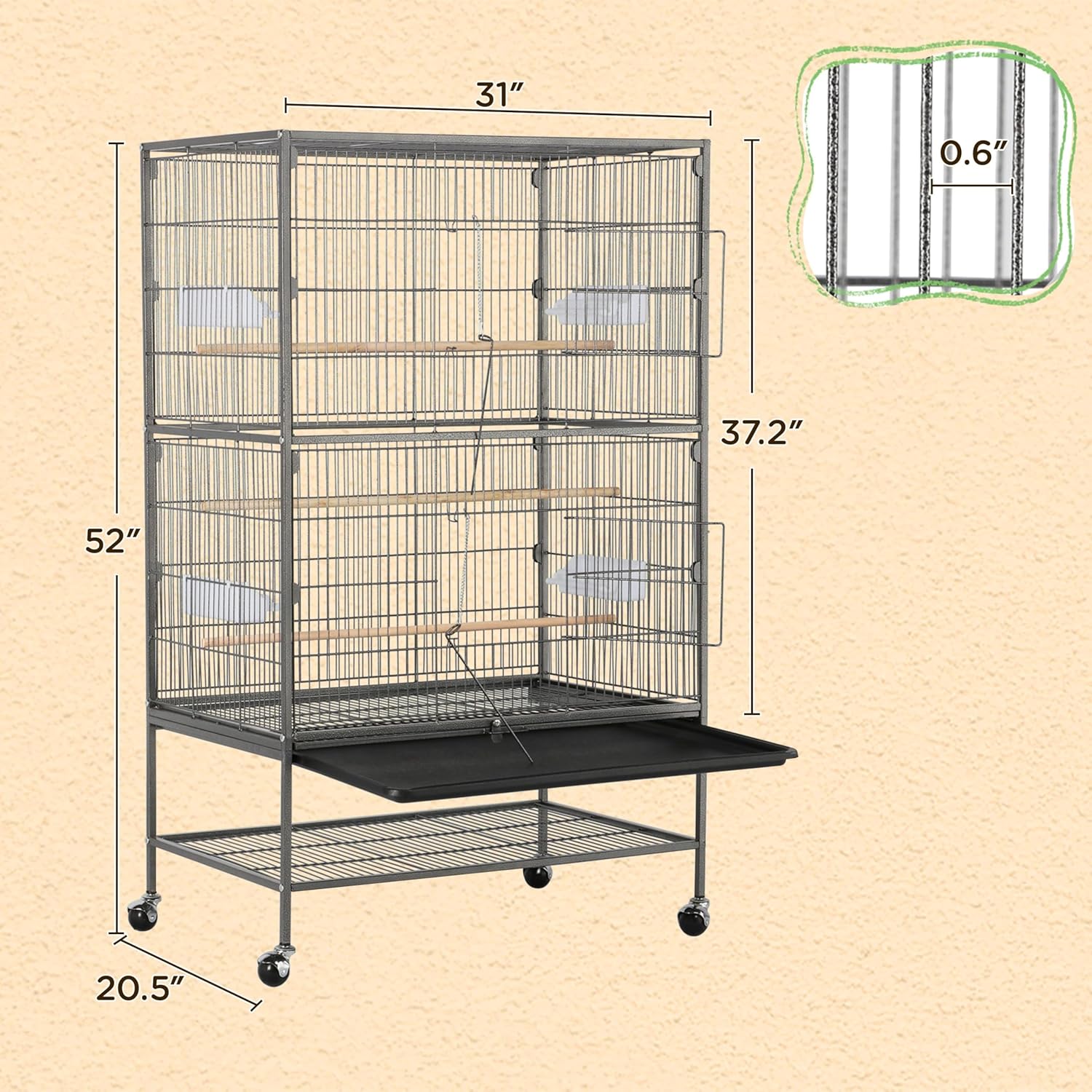Yaheetech 52'' Bird cage w/Perches & Feeders, Large Birdcage with Pull-Out Tray, Rolling Wheels, Extra Storage, Flight Cage for Cockatiel, Parrot, Parakeet, Conure, Budgie, Pigeon Small/Medium Birds - Image 3