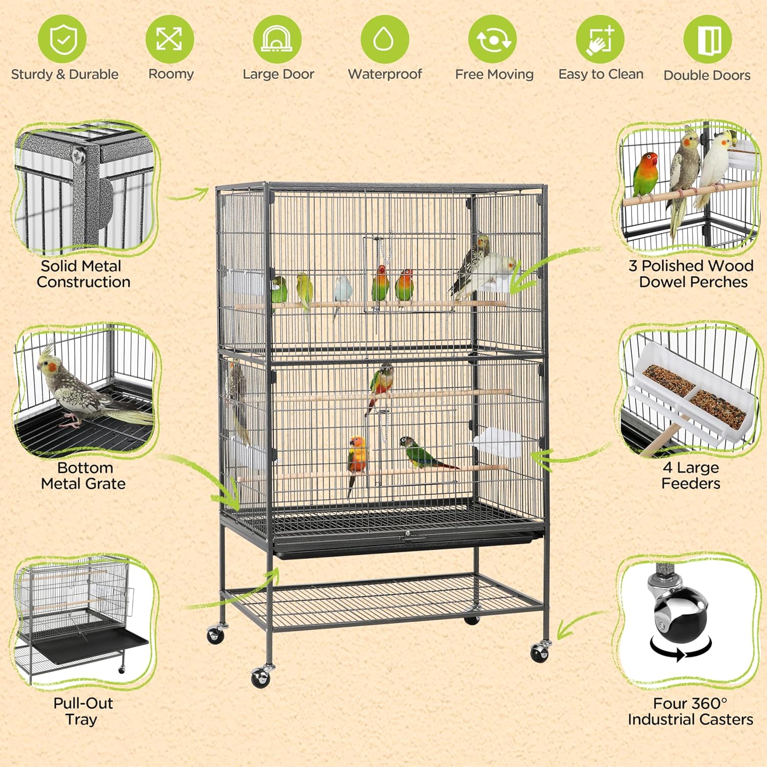 Yaheetech 52'' Bird cage w/Perches & Feeders, Large Birdcage with Pull-Out Tray, Rolling Wheels, Extra Storage, Flight Cage for Cockatiel, Parrot, Parakeet, Conure, Budgie, Pigeon Small/Medium Birds - Image 4