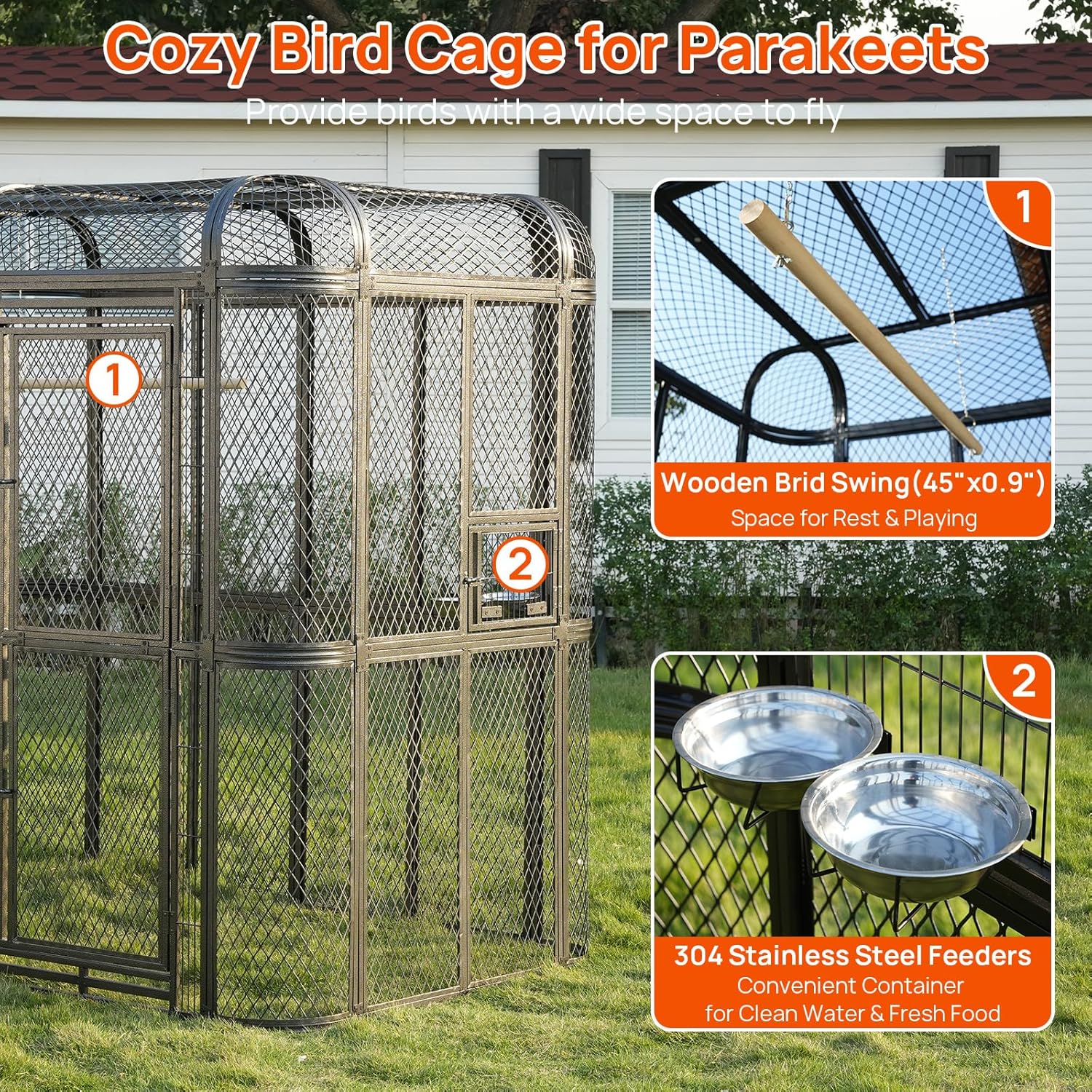 Large Walk-in Cage 77-inch Heavy Duty Birdcage Outdoor Diamond Grid Aviary Parrot Cage Wide Flight Metal Birdcage for Macaw Budgie Conure Lovebird Parakeet Cockatiel, 6.4x3.87x5.91ft, Silver - Image 4
